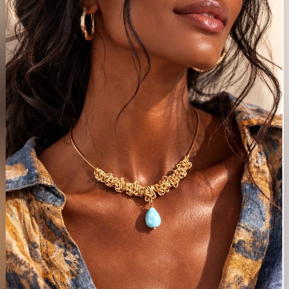 Gold Chain Collar Necklace with Blue Quartz Drop Pendant, Artisan Wire Choker